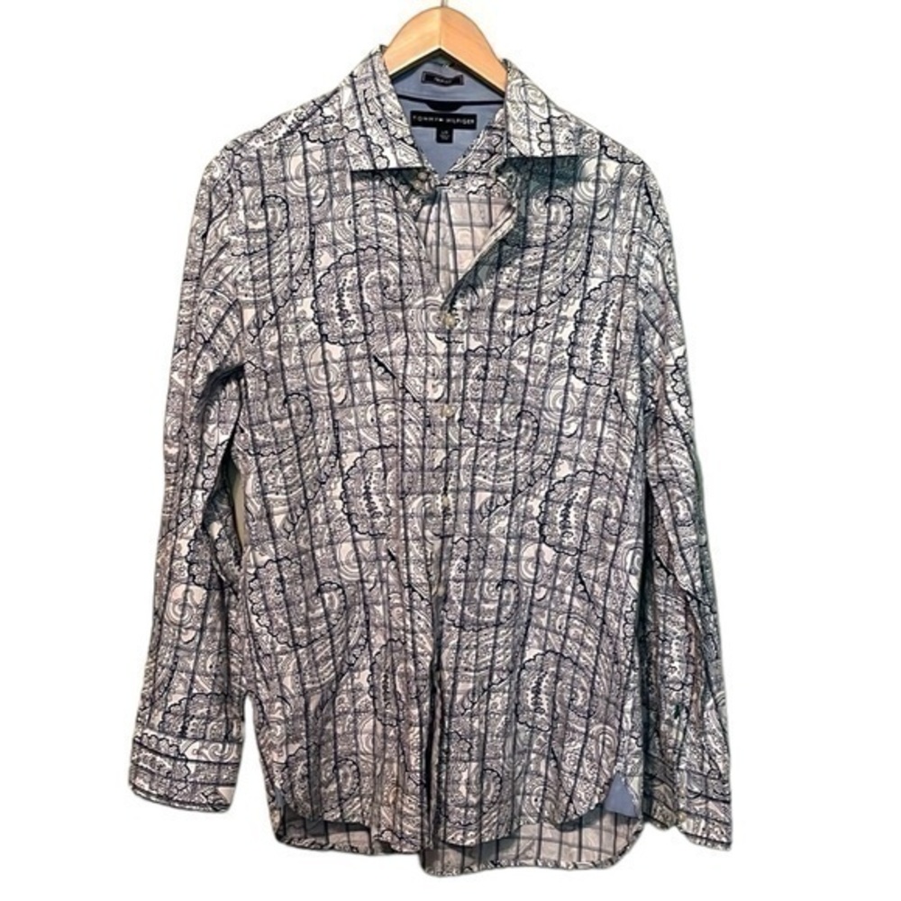 Tommy Hilfiger Trim Fit button down long sleeve all over print blue and white